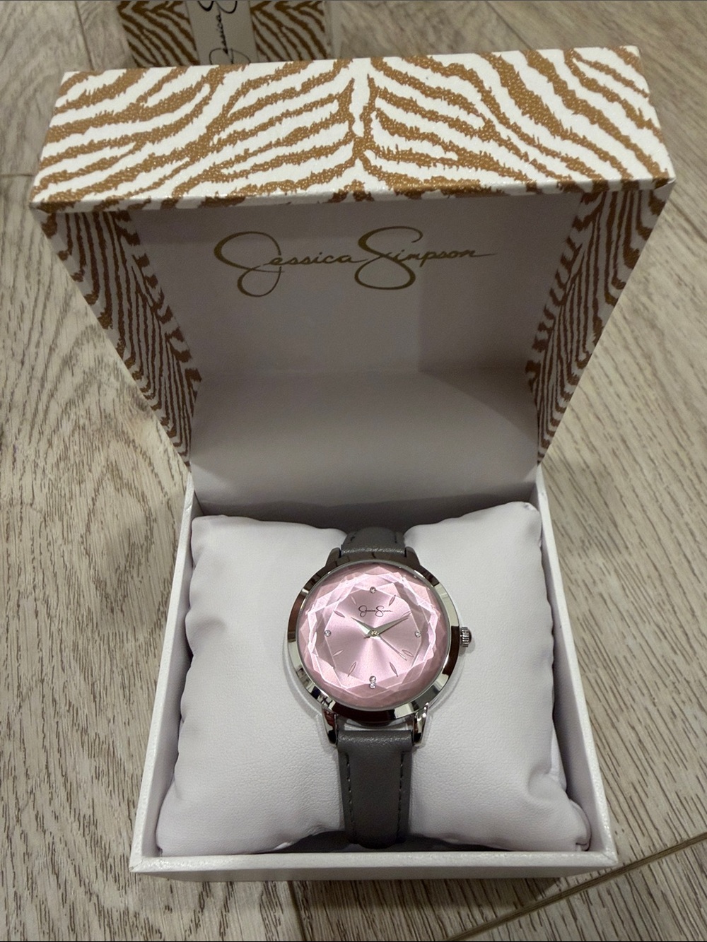 Jessica Simpson Pink Faceted Crystal Dial Watch with Gray Strap